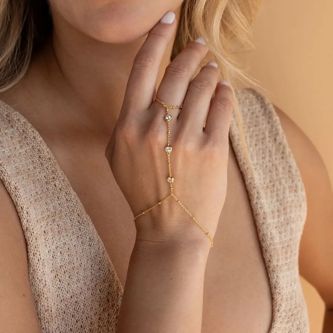 Dainty Hand Chain Bracelet Ring Gold Plated Handmade Link Chains Connecting Harness Bracelets Hand Jewelry for Women Trendy Gift
