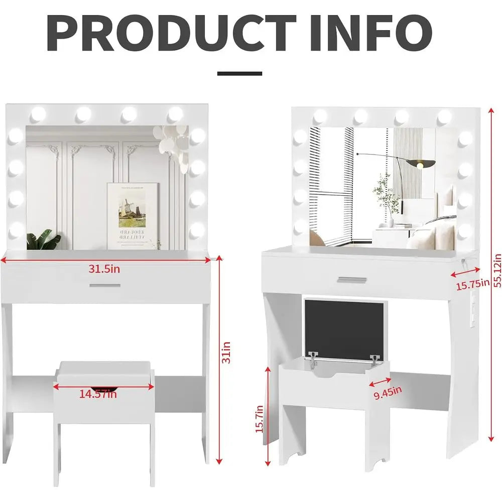 Makeup Vanity Desk with Mirror, 12 LED Lights, 3 Colors, White Table with Charging Station and Storage Stool