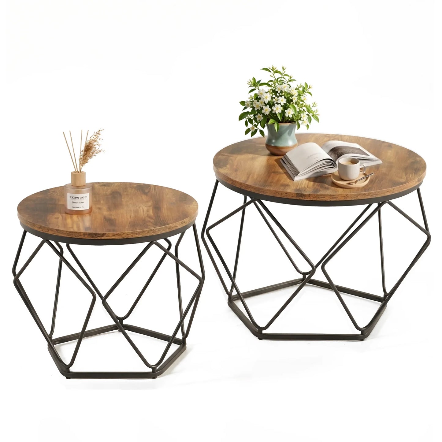 20IN Round Geometric Coffee Table Set of 2 Movable End Tables for Living Room Nesting Side Tables with Hidden Storage