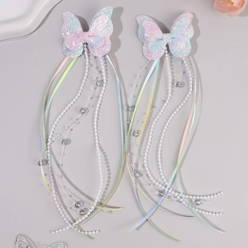 2Pc Childrens Rainbow Butterfly Sequin Hair Clip Pearl Ribbon Tassel Hair Clip Girl Braided Hair Accessory Performance Accessory Hair Clips