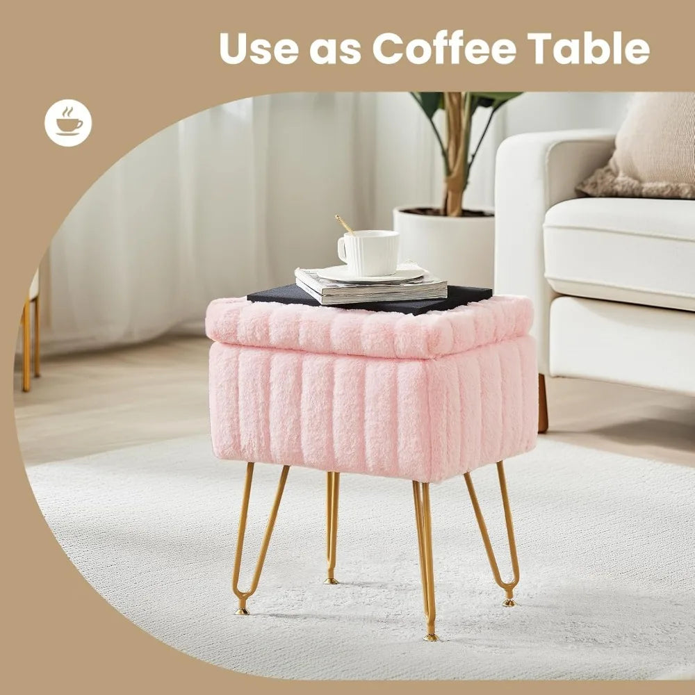 Vanity Stool with Hidden Storage Soft Faux Fur Seat Metal Legs Adjustable Feet for Dressing Room Bedroom Dorm