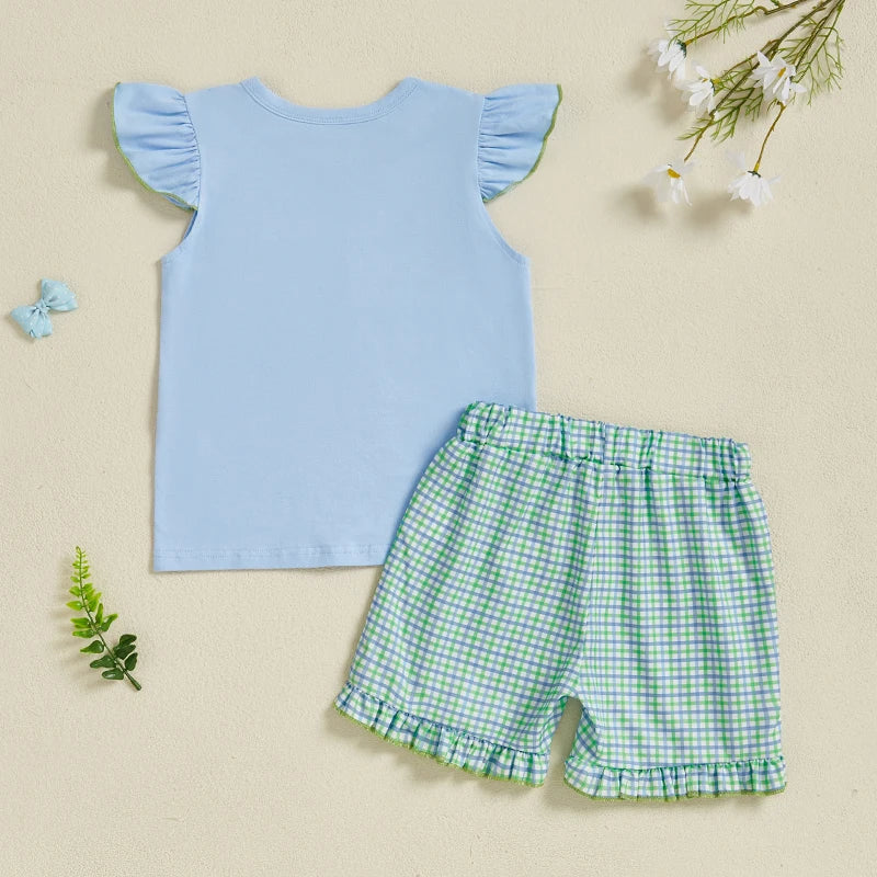Adorable Baby Girls Summer Outfits with Embroidered Golf Design Flutter Sleeves and Elastic Ruffle Plaid Shorts - Stylish