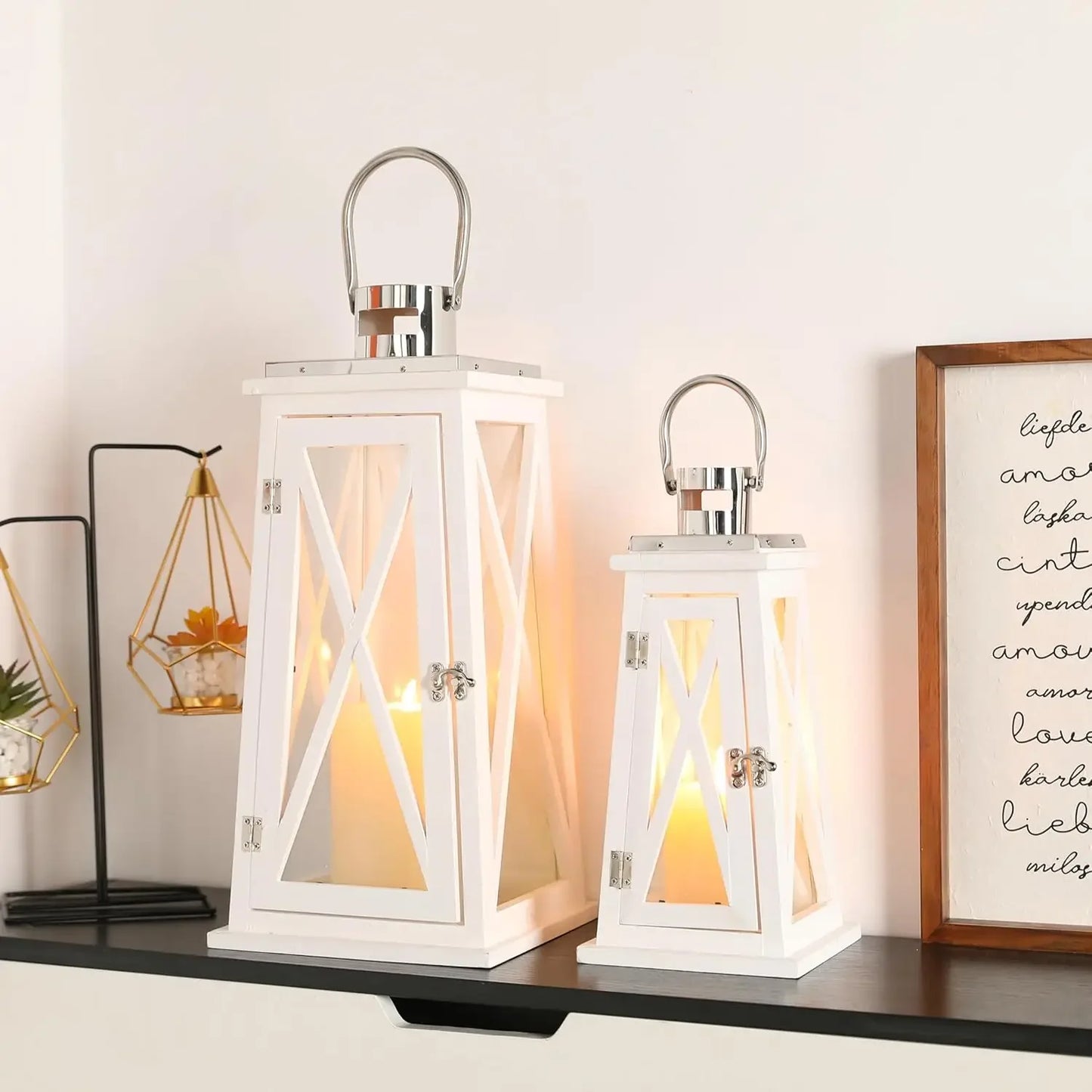 Farmhouse Wood Candle Lantern Decorative Candle Holders with Tempered Glass Rustic Hanging Lantern(White Trapezoid)
