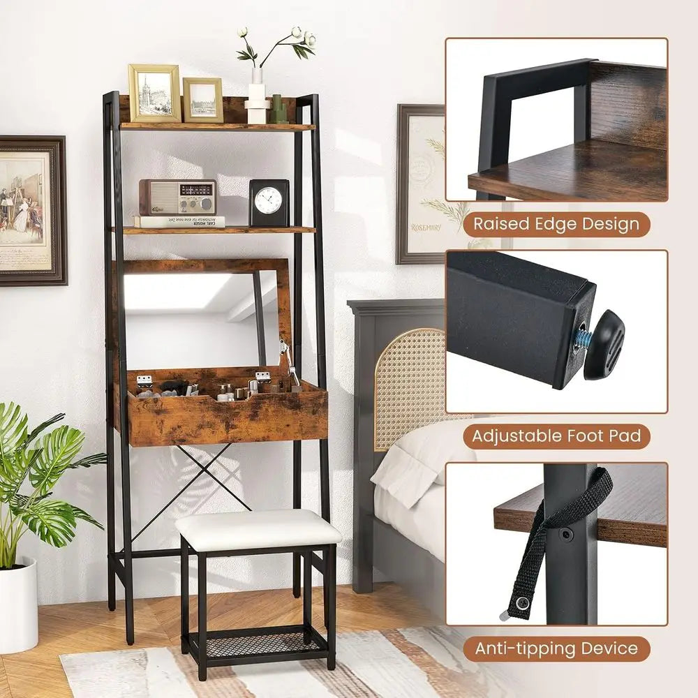 Vanity Desk Set with lip-up Mirror, Ladder Vanity Table and Cushioned Stool Set w/ 4 Storage Comparents, Small Makeup Dring Tabl