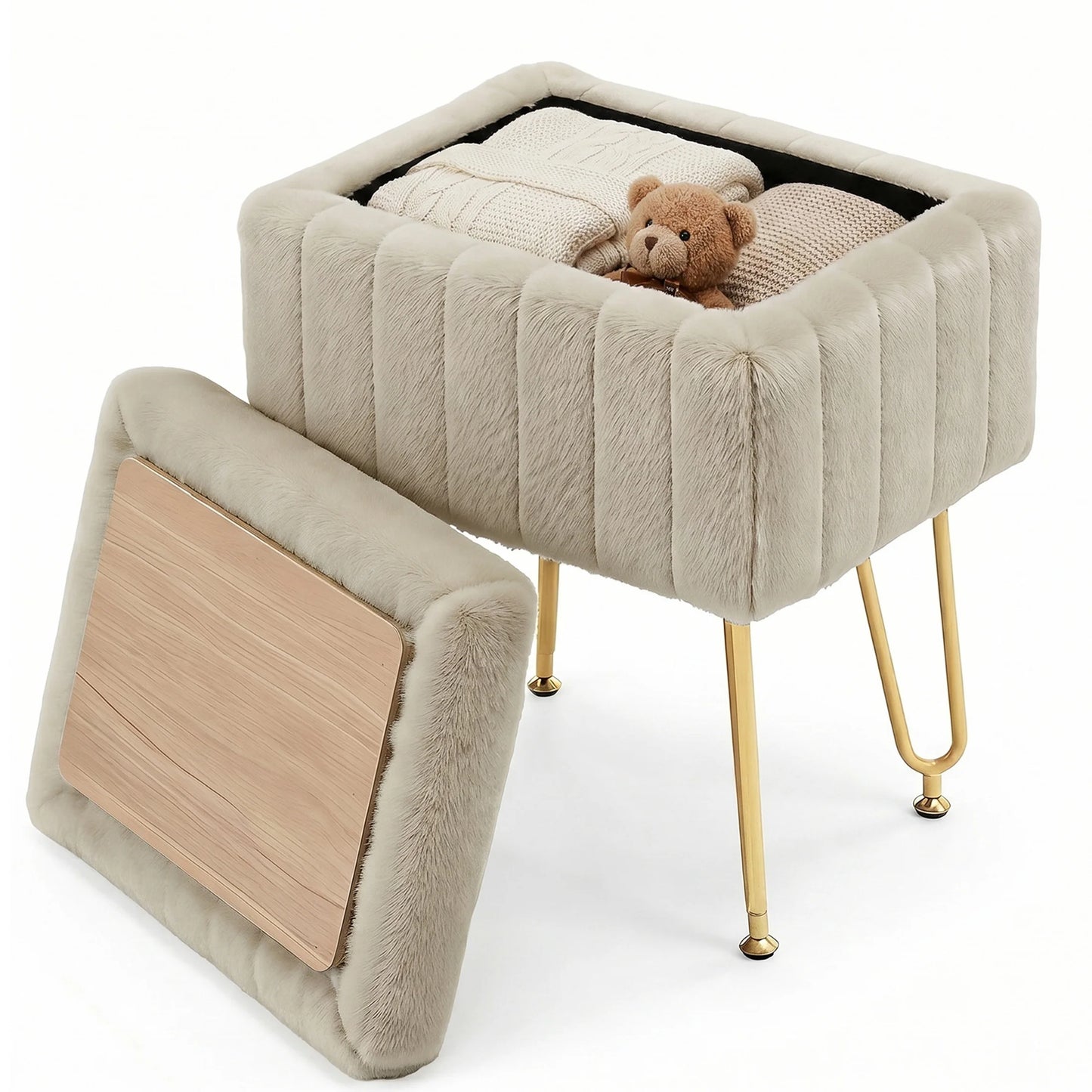 JHK Ottoman Faux Fur Vanity Stool Chair with Storage Padded Makeup with 4 Metal Legs Anti-Slip Adjustable Feet Living Room Hidden Storage Stools for Home Entryway