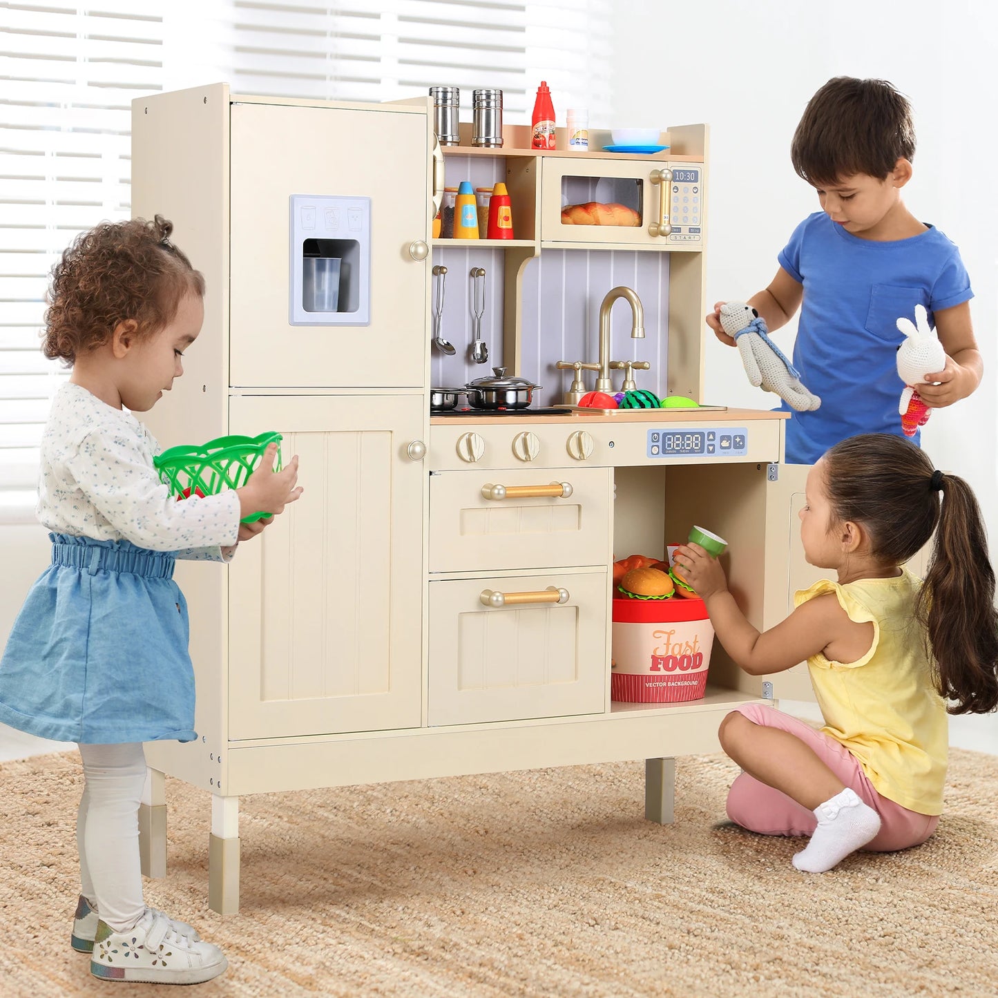 AOOU Wooden Play Kitchen for Kids, Pretend Cooking Toy Playset with Storage & Accessories, Realistic Light & Sound