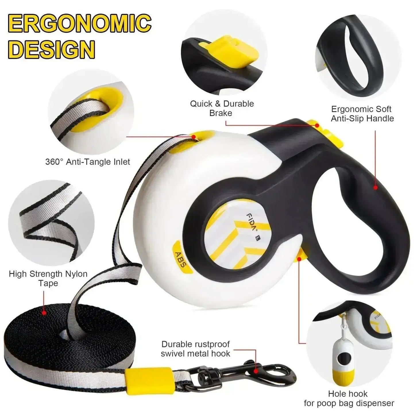 Smart Auto-Brake Retractable Dog Leash 16Ft 5M Heavy Duty No Pull Pet Walking Lead Rope Tangle-Free One-Hand Lock Anti-Slip Soft Handle for Medium Large