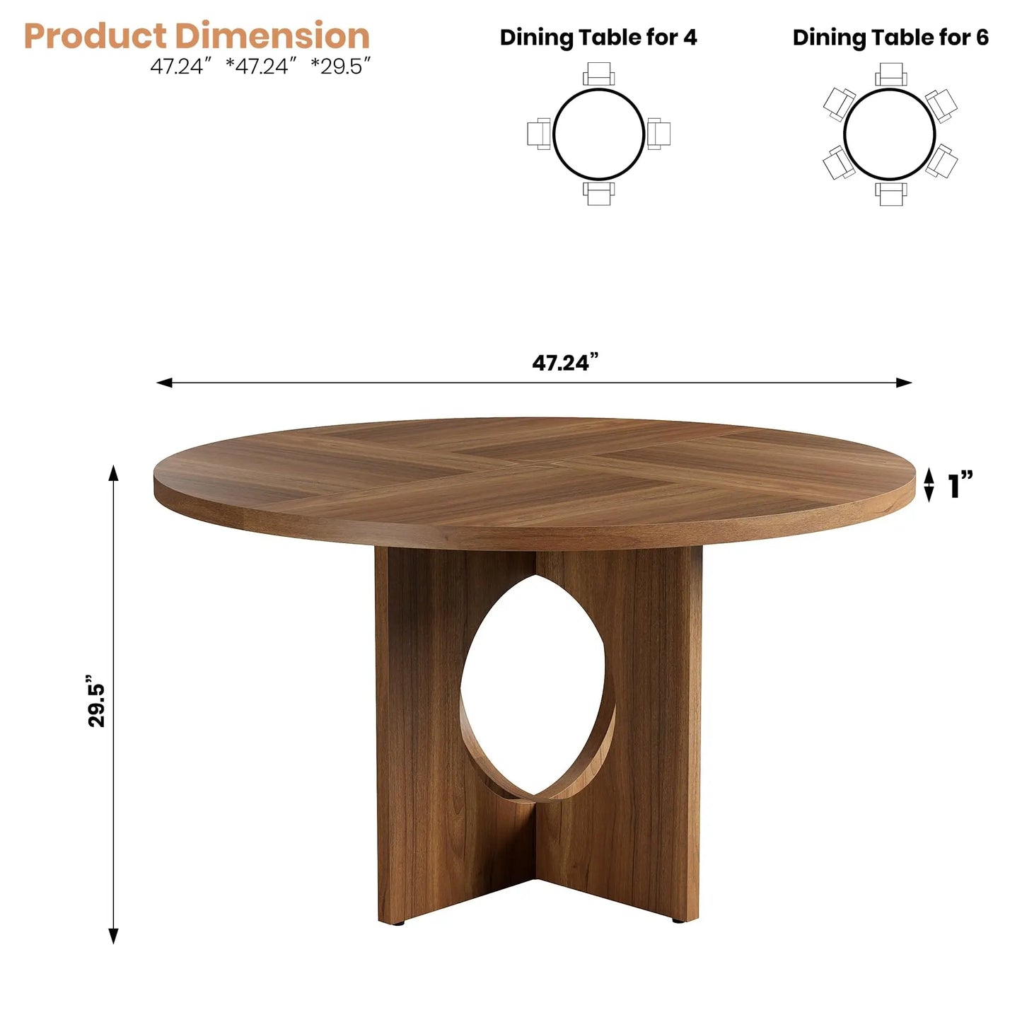 Round Dining Table for 4-6, Wood Dining Room Table, Kitchen Dinner Tables | 47.2'' Farmhouse Dining Room Table with Wooden Pedestal Base, Circle, for Living Room, Balcony, Apartment, O-Shape