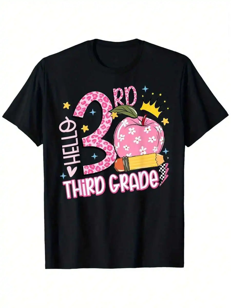 Hello 3rd Third Grade Back To School Pink Leopard Teacher T-Shirt, Boy's 100% Cotton Crew Neck T Shirt For Summer, Casual Short