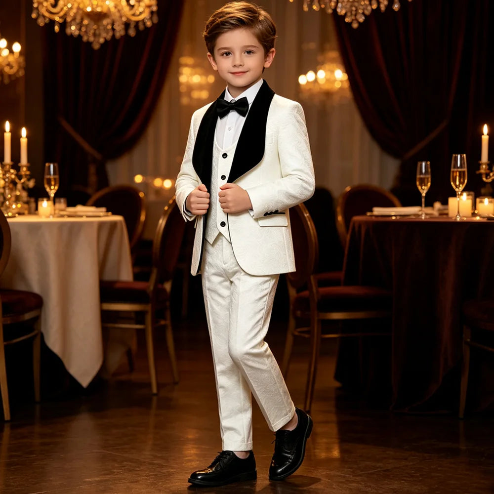 Boys White Jacquard Tuxedo Suit Black Velvet Shawl Lapel 3 Piece Kids Wedding Outfit Child Prom Graduation Stage Formal Blazer Vest Pants With Bow Tie