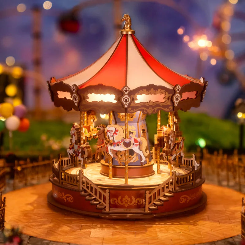 3D Wooden Puzzle Carousel Music Box With LED Lights Gear Model Building Construction Craft Kits Xmas Gifts for Adult