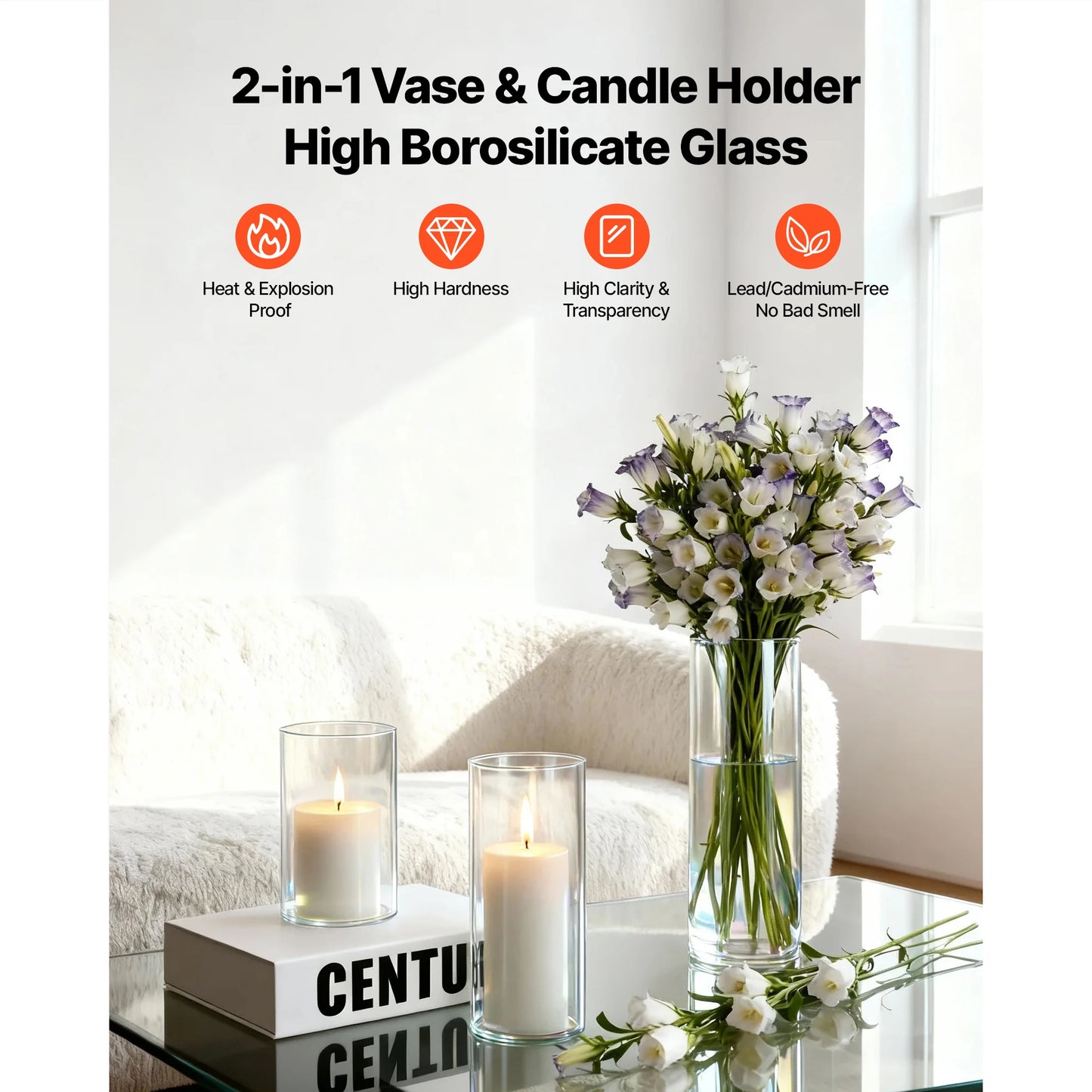 Pillar Candles and Glass Vases Set 24-120pcs Clear Cylinder Hurricane Candle Holders for Wedding Centerpieces Tall Vase