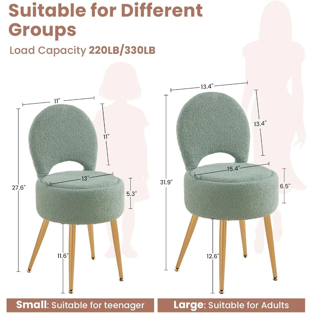Compact Round Velvet Ottoman with Hidden Storage Foldable Backrest Metal Legs Anti Slip Feet for Bedroom Makeup