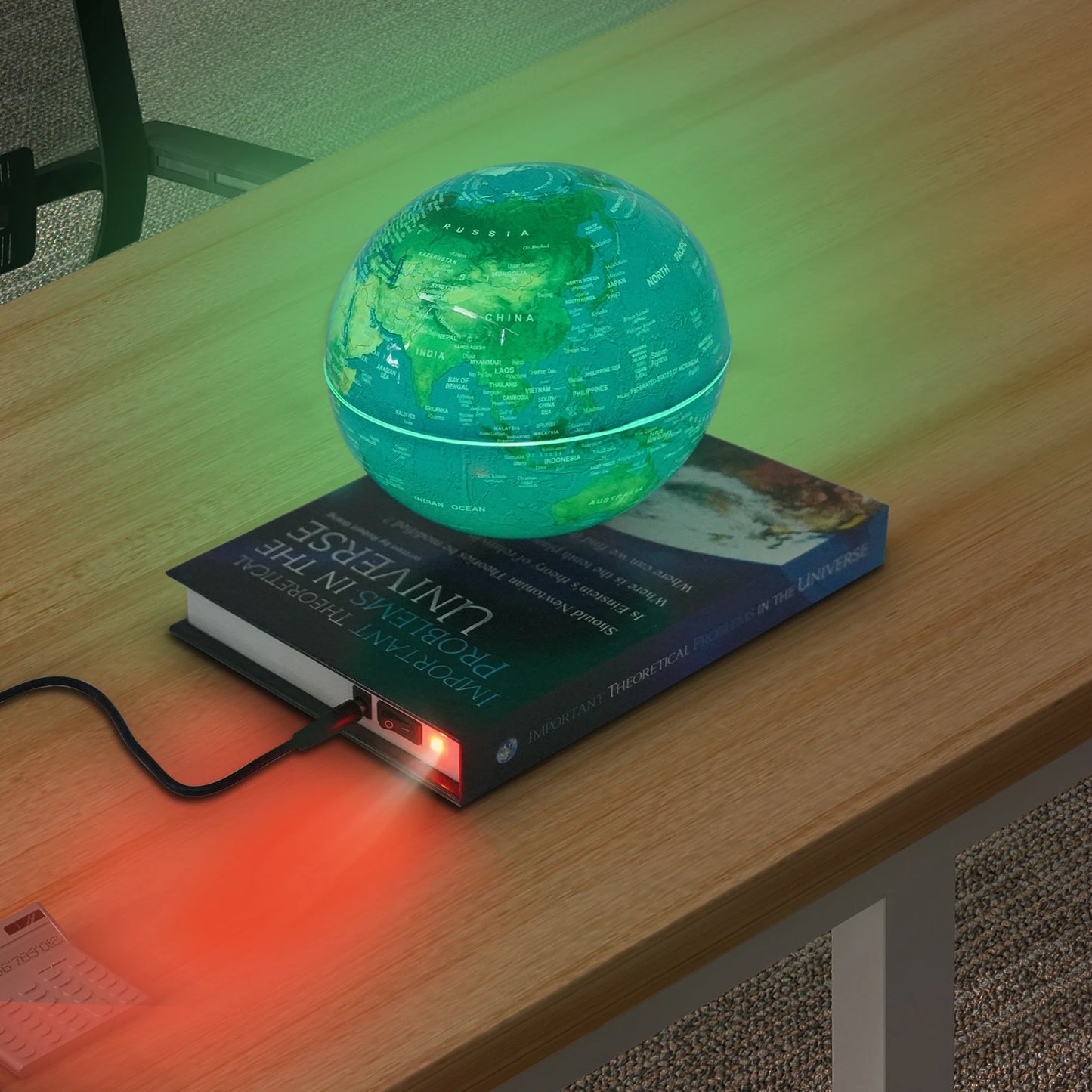 Magnetic Levitation Floating Globe 6 Inch Dark Blue ABS Book Base 100-240V Auto Rotating Geographic Globe Gradient Color LED Light 3-5W Low Power LED Levitating World Map Lamp For Home Office Kids Classroom