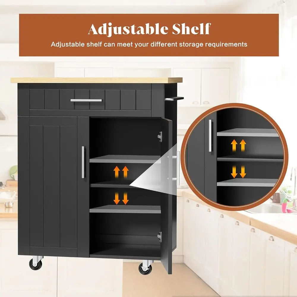 26 Rolling Kitchen Island Cart with Storage Cabinet, Towel Rack, and Mobility for Dining Room - Black