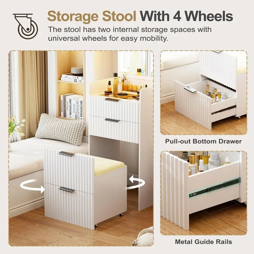 Compact White Vanity Desk with Flip Mirror, Glass Top and Storage, Includes Padded Stool