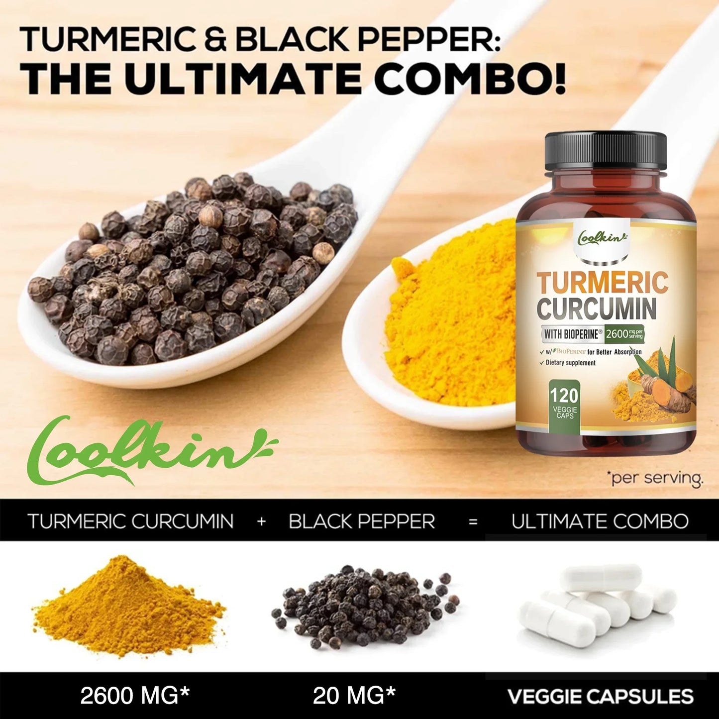 Turmeric Curcumin 2600mg - Helps Promote Joint and Heart Health, Improve Mobility, and Enhance Absorption - 120 Capsules