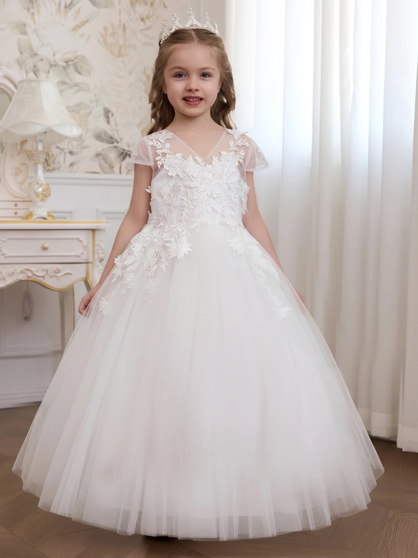 Kids Princess Ivory Short Sleeve Floral Embroidered Tulle Ball Gown Maxi Pageant Dress For Formal Events