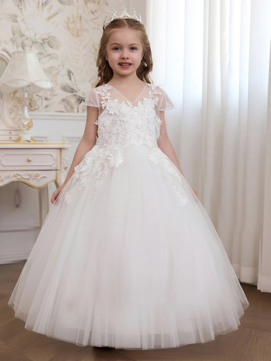 Kids Princess Ivory Short Sleeve Floral Embroidered Tulle Ball Gown Maxi Pageant Dress For Formal Events