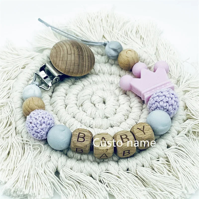 DIY Custom Name Silicone Beads Wooden Ring Pacifier Clips Safe Teething Chains Baby Teether Eco-friendly Dummy Beech Clips Gift