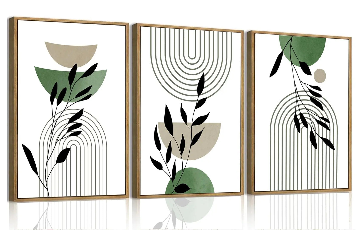 Framed Boho Canvas Wall Art Mid Century Modern Prints Set of 3 Neutral Geometric Line Leaf Paintings Decor Minimalist Abstract Pictures Bedroom Living Room Bathroom