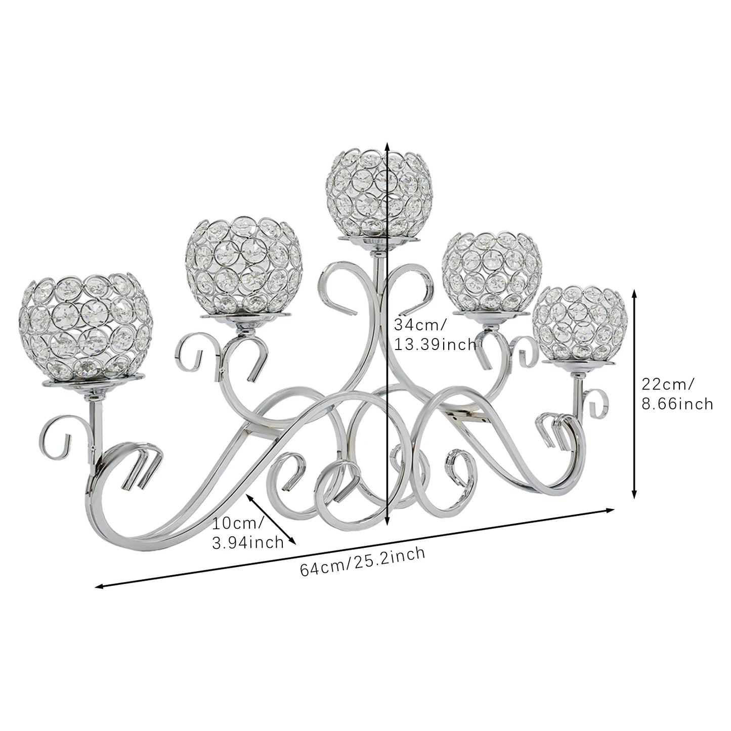 5 Arm Crystal Tea Light Candle Holder, 25.2×3.94×13.39 in Metal Crystal Candlestick Holder, Elegant Wedding Table Centerpiece Candleholder for Christmas, Party & Living Room Decoration (Silver)