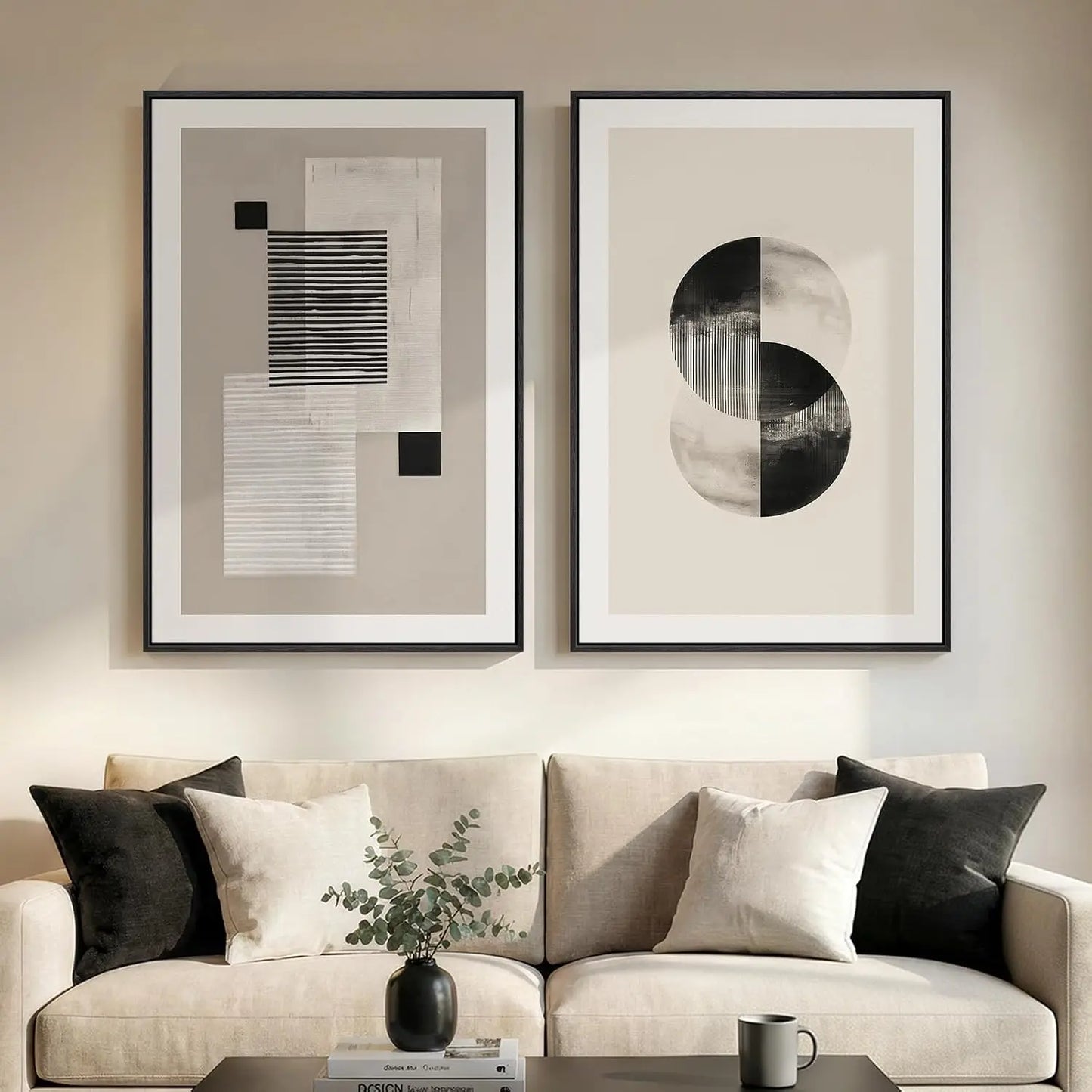 Framed Neutral Abstract Wall Art Set of 2, Black Beige Modern Canvas Prints Paintings Artwork for Walls, Minimalist Block Lines Pictures for Living Room, Dining Room, Bedroom Wall Decor 16x24 In