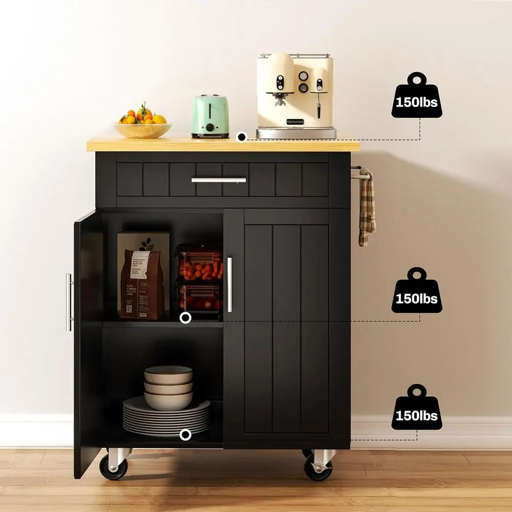 26 Rolling Kitchen Island Cart with Storage Cabinet, Towel Rack, and Mobility for Dining Room - Black