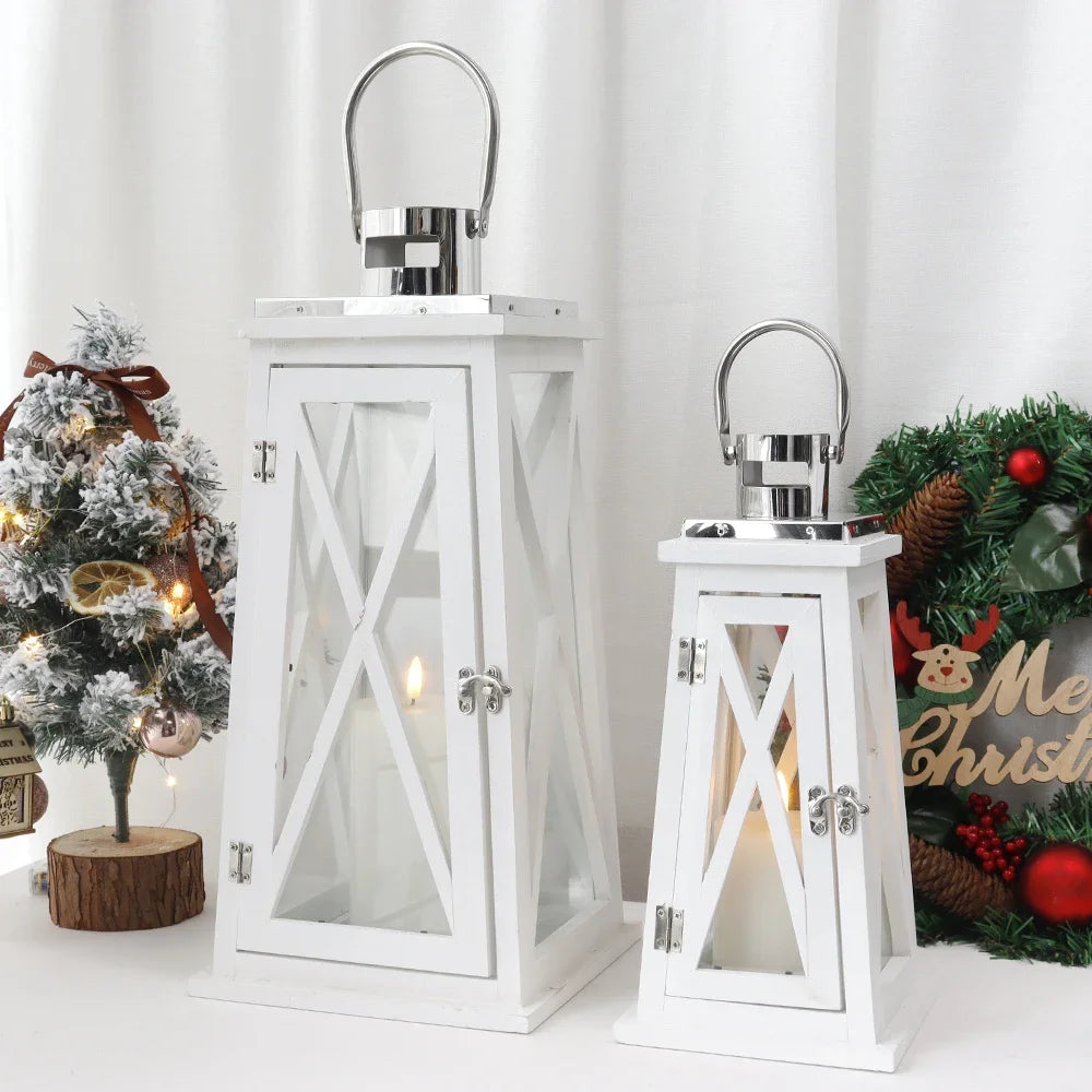 Farmhouse Wood Candle Lantern Decorative Candle Holders with Tempered Glass Rustic Hanging Lantern(White Trapezoid)