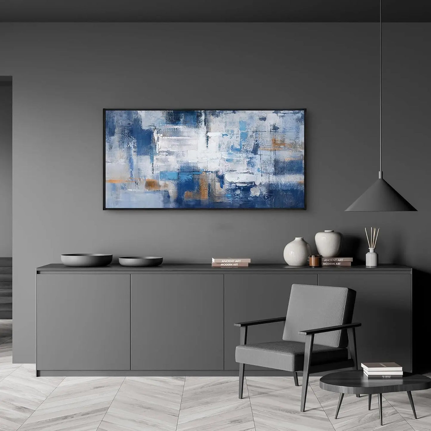 Blue Abstract Canvas Wall Art - Black Frame Artwork Picture Living Room Wall Decor Modern Paintings Large Wall Art for Bedroom Home Decoration