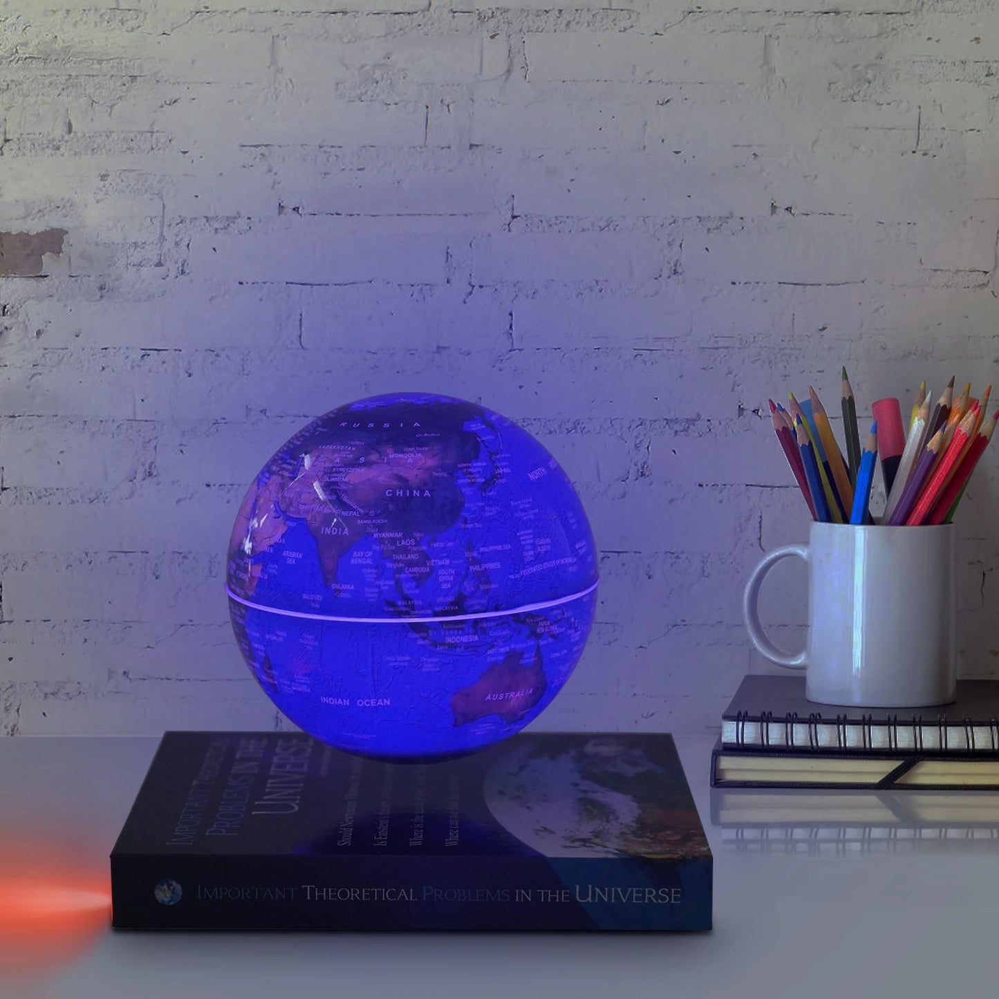 Magnetic Levitation Floating Globe 6 Inch Dark Blue ABS Book Base 100-240V Auto Rotating Geographic Globe Gradient Color LED Light 3-5W Low Power LED Levitating World Map Lamp For Home Office Kids Classroom