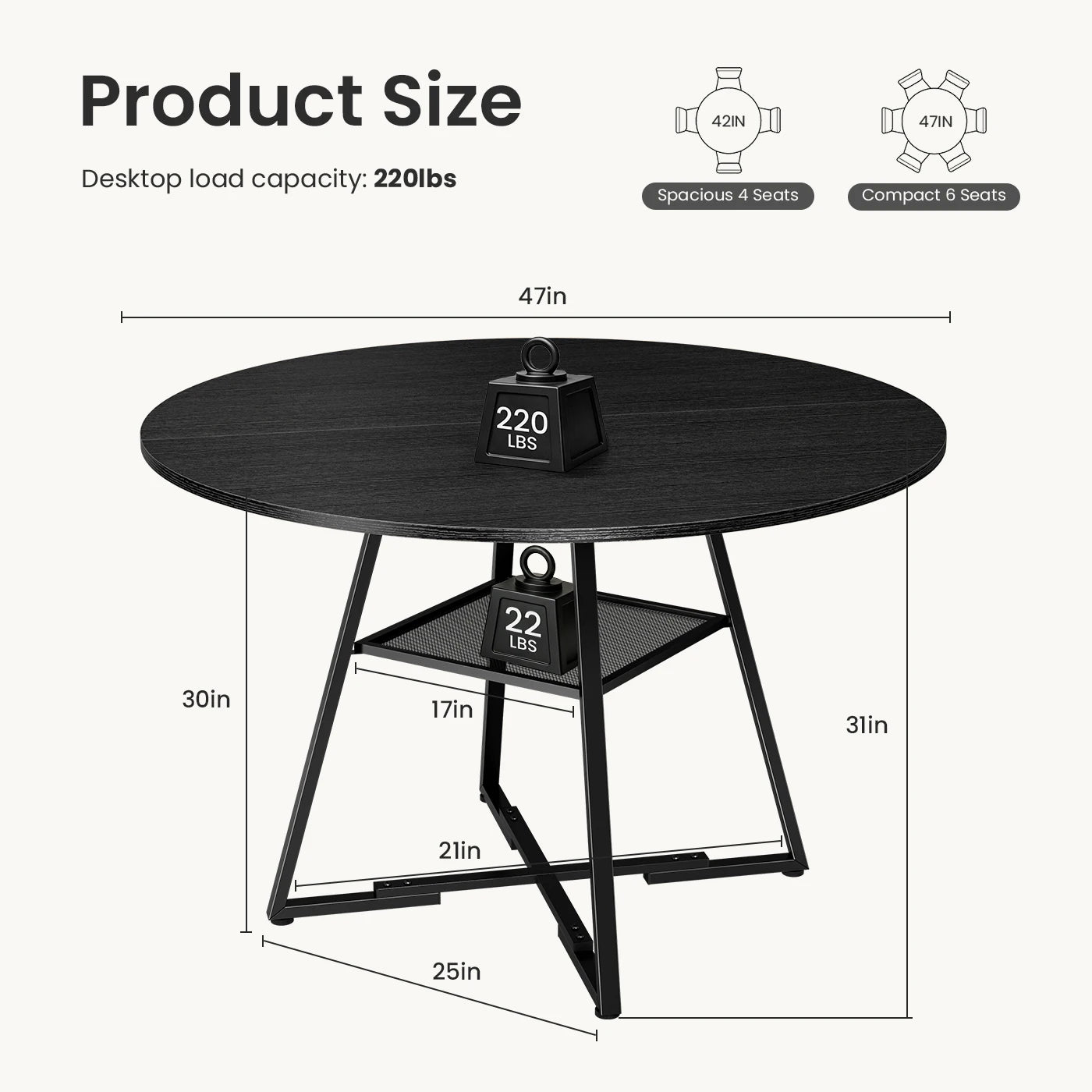 JHK 42IN to 47IN Round Dining Table for 4-6 Space Saving Kitchen Table with Dual-Tier Storage Pedestal Metal Frame Circle Dinner Table for Home Apartment