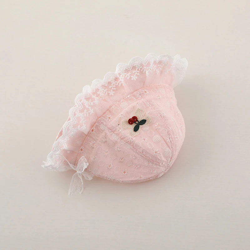 0-12M Infants Lace Fisherman Cap Princess Baby Sunscreen Basin Caps Cute Cherry Bucket Hat Kids Summer Thin Hollow Cotton Visors