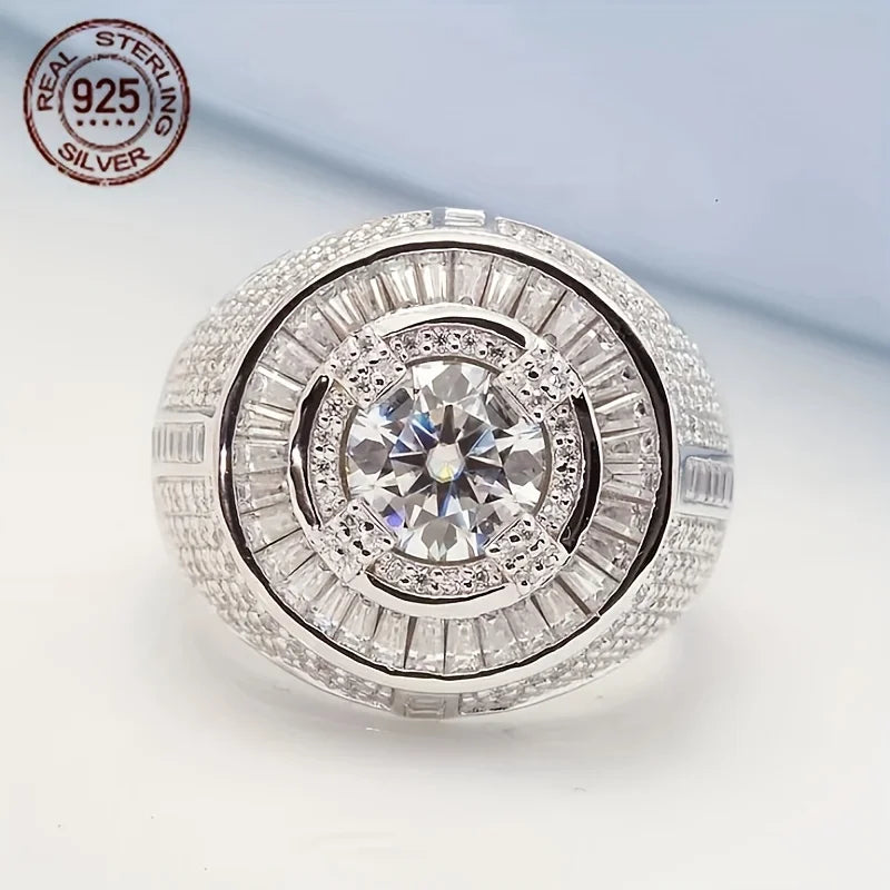 Luxury Men's Solid 925 Sterling Silver Circular Baguette Solitaire Ring Icy Large Pinky Rings Hip Hop Jewelry Gift For Husban