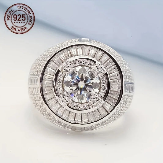 Luxury Men's Solid 925 Sterling Silver Circular Baguette Solitaire Ring Icy Large Pinky Rings Hip Hop Jewelry Gift For Husban