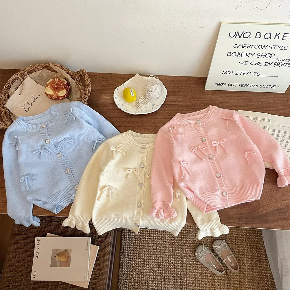 Childrens Clothing 2025 Autumn and Winter New Item Girls Bow Knit Cardigan Sweater Jacket Cute Baby Sweet Top Fashion