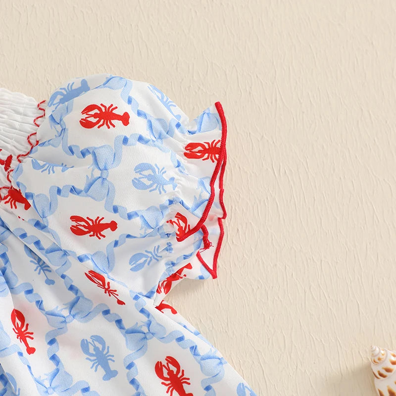 Cute Baby Girls Dress with Crab Print Round Neck and Short Sleeves Adorable Casual Dress for Summer Toddler Kids Beach Dress