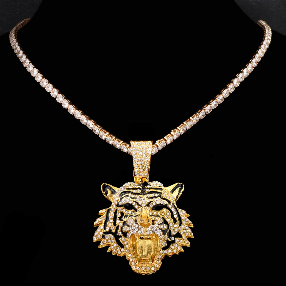 HipHop Tiger Pendant Necklace for Men Women Iced Out Cuban Link Chains Luxury Crystal Cuban CZ Stainless steel Necklaces Jewelry