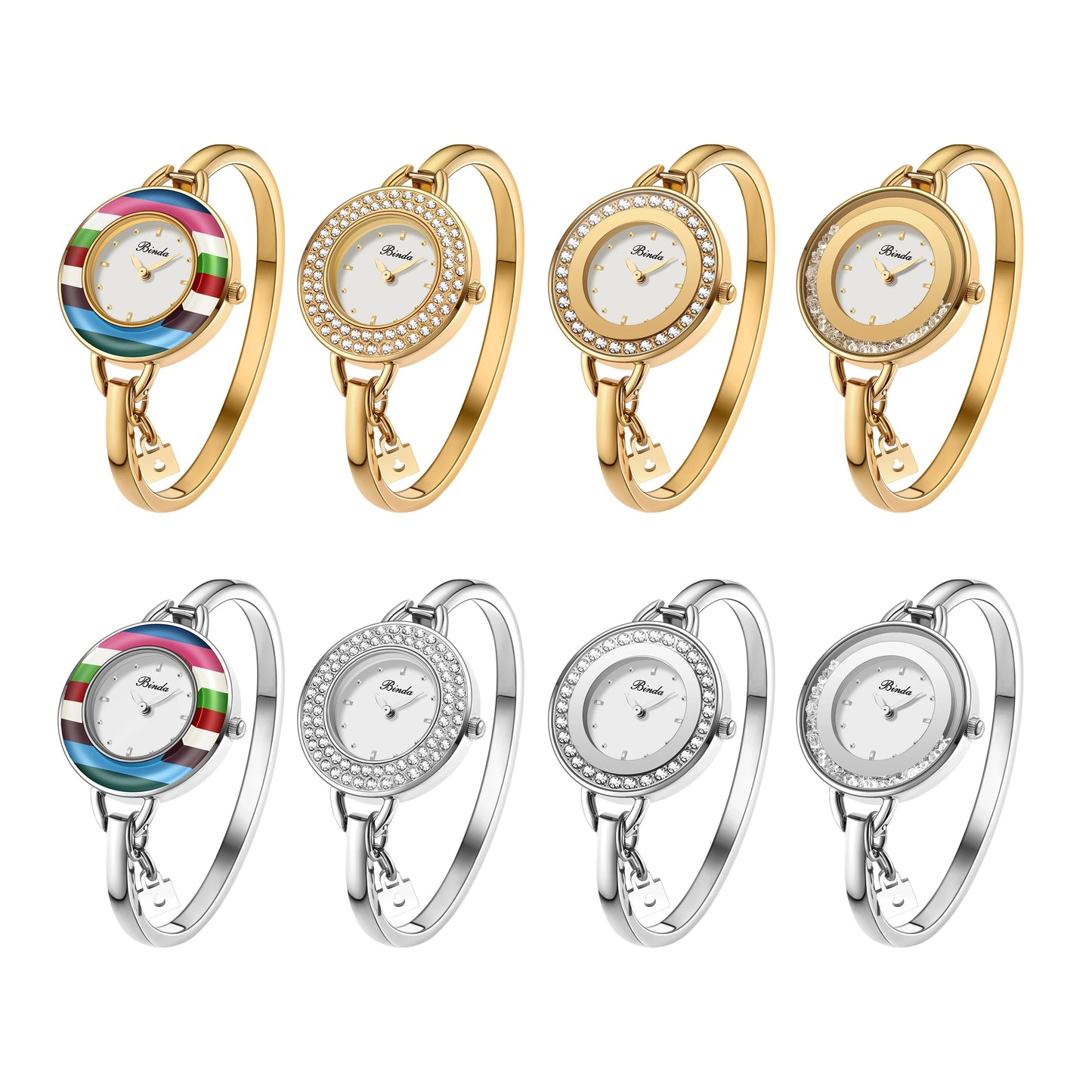 BINDA Women’s Elegant Waterproof Stainless-Steel Quartz Watch – Rainbow Gold Bracelet, Round Delicate Dial, Perfect for Daily