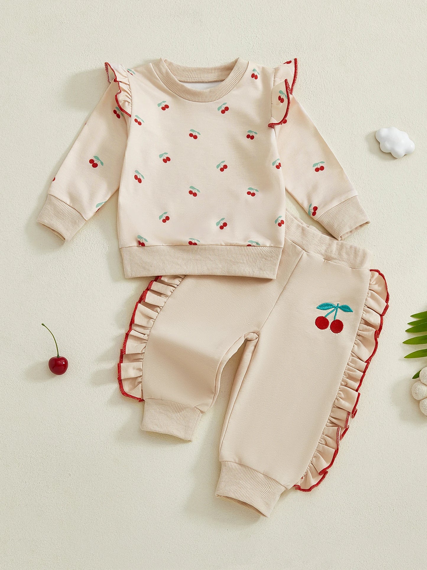 Adorable Infant Girl Clothing Set with Cute Ruffle Cherry Print Sweatshirt and Pants Perfect for Fall and Winter Seasons 2