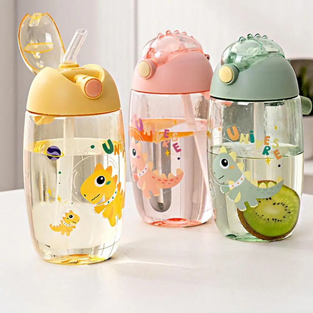 500ml Children's Dinosaur Water Bottle with Silicone Straw Leak Proof Plastic Water Bottle Summer Children's Water Cup