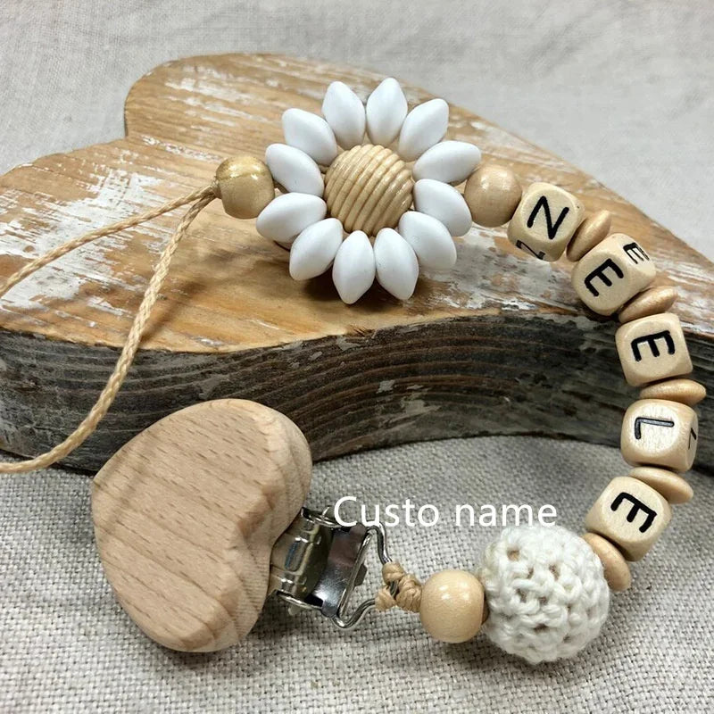 DIY Custom Name Silicone Beads Wooden Ring Pacifier Clips Safe Teething Chains Baby Teether Eco-friendly Dummy Beech Clips Gift