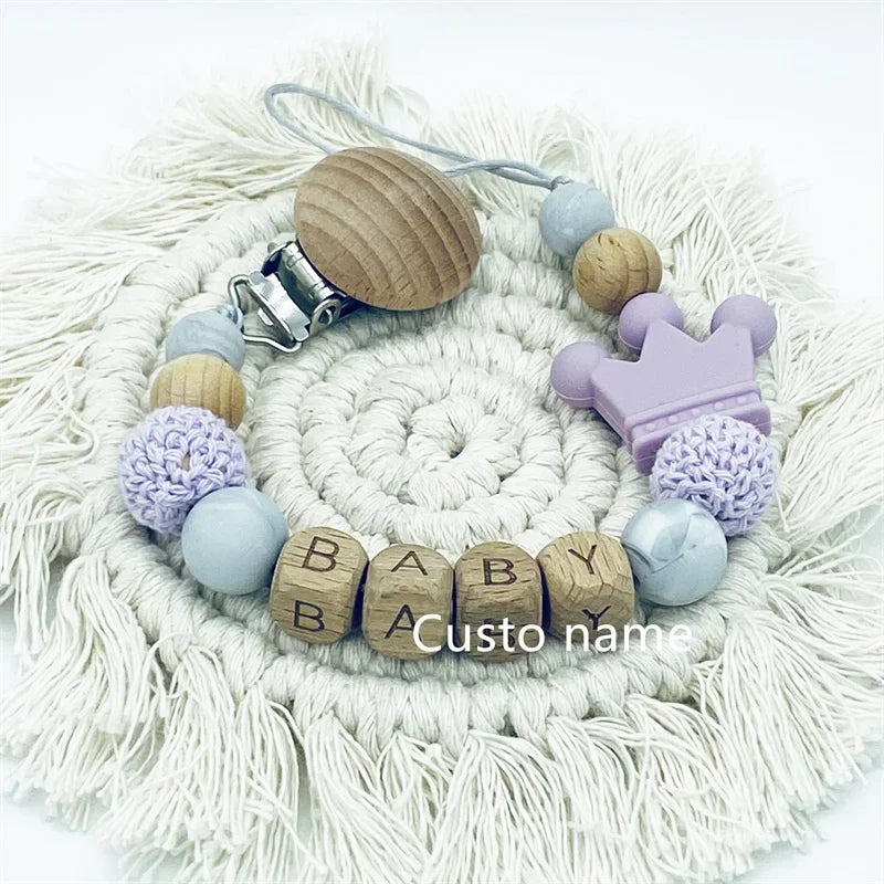 DIY Custom Name Silicone Beads Wooden Ring Pacifier Clips Safe Teething Chains Baby Teether Eco-friendly Dummy Beech Clips Gift
