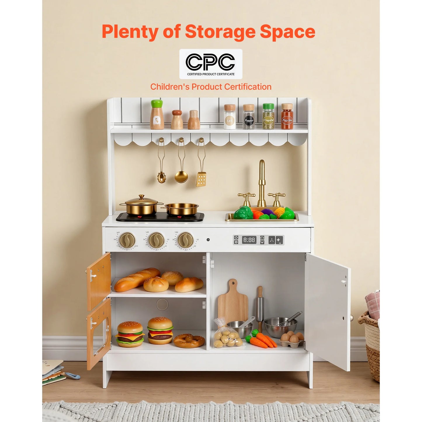 SucceBuy Wooden Kids Kitchen Playset with Lights Sounds & Cookware Accessories Pretend Play Kitchen Toy Set for Toddlers Girls