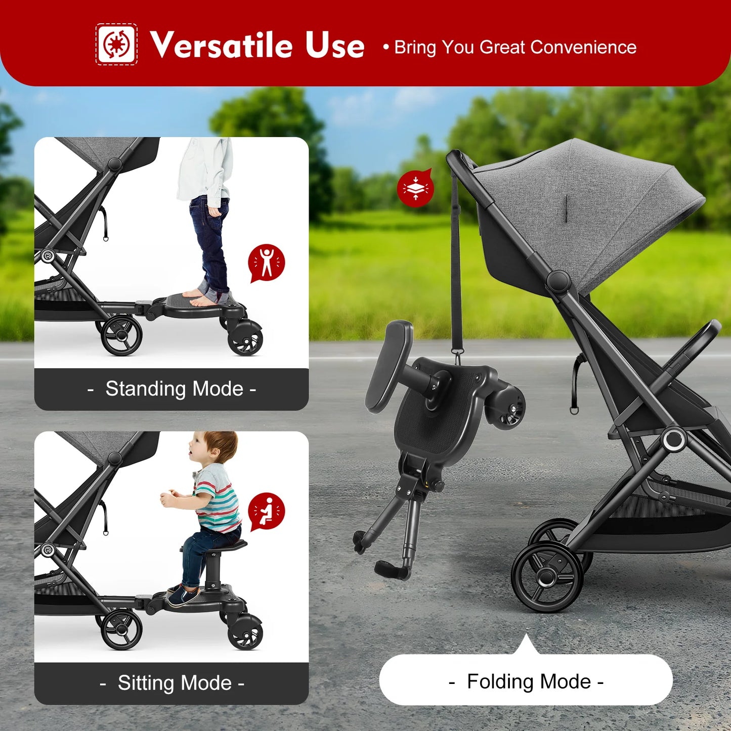 2 in 1 Universal Stroller Board with Detachable Seat Kids Standing Sit Buggy Board Wheeled Pram Pedal Adapter Load 25KG Black