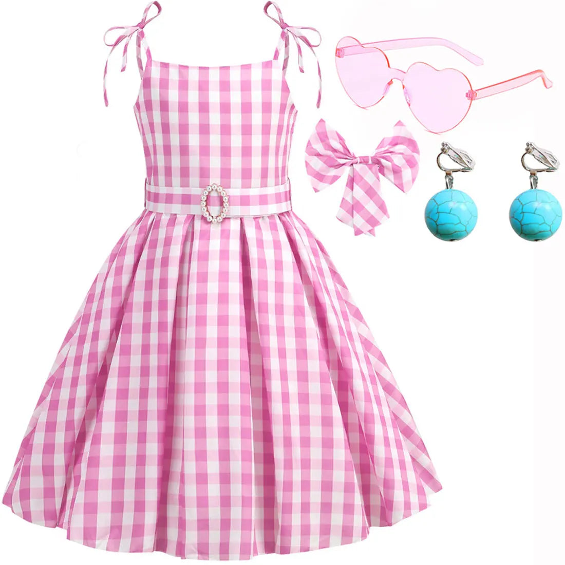 Halloween Hot Movie Margot Robbie Role Play Baby Pink Dress Girl Cowboy Look Dress Summer Sleeveless Plaid Slim Strap Dress Set