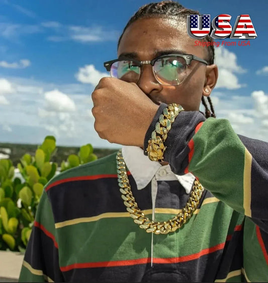 14-22mm Hip Hop Bling Gold Color Stainless Steel Dense Cuban Miami Link Chain Necklaces 14k Gold-plated for Men Rapper Jewelry