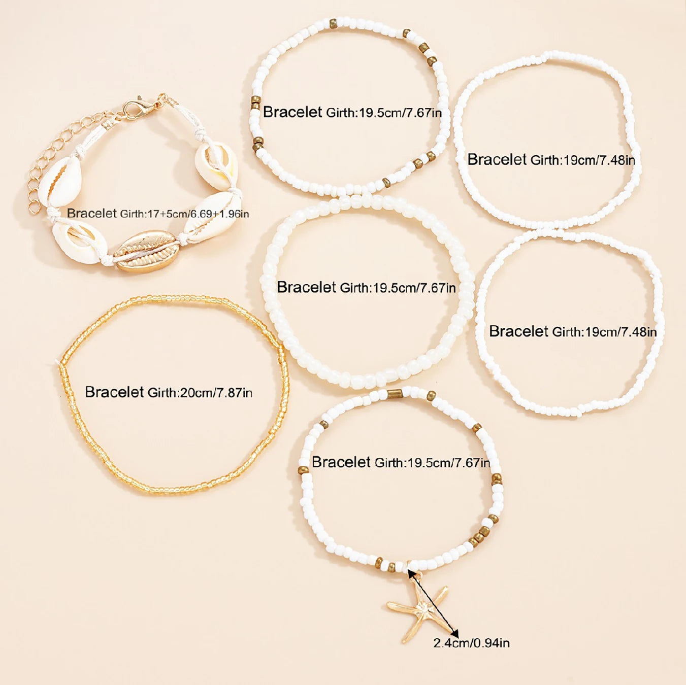 14 piece set of fashionable Bohemian acrylic starfish beaded rice bead women's fashionable bracelet set for beach vacation