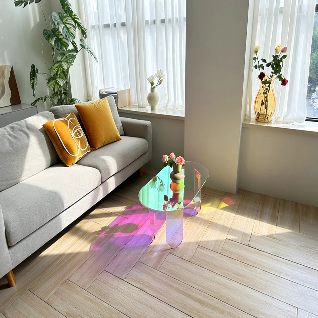 Modern Acrylic Coffee Table Clear Side Table with 4 Legs Rainbow Accent Furniture Space-Saving Living Room/Office Decor