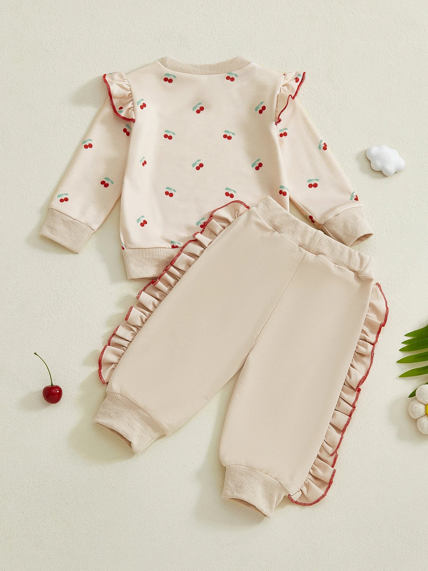 Adorable Infant Girl Clothing Set with Cute Ruffle Cherry Print Sweatshirt and Pants Perfect for Fall and Winter Seasons 2